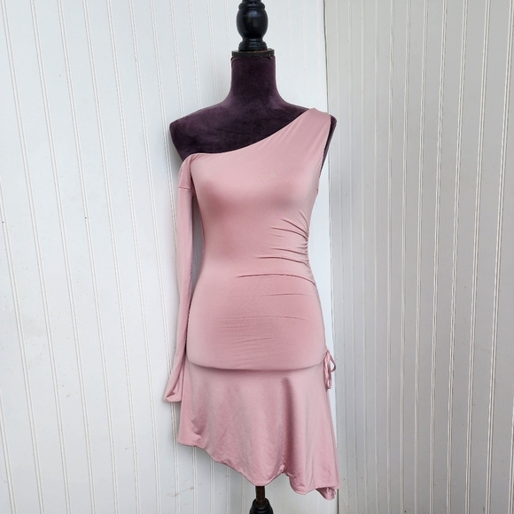 Oh Polly Women's Mini Dress Pink One Shoulder Stretch Rutched Deatal Flare US 4 - Picture 1 of 16